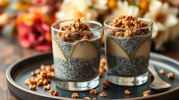 Spiced Pear and Chia Pudding Parfaits on a tray, granola topping.