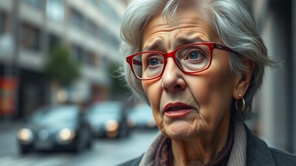 Older woman with red glasses discusses corporate concert ticketing practices.