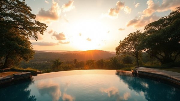 Hideaway Round Top retreat: serene sunset view with natural pool.