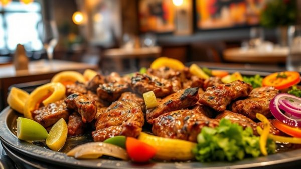 Delicious grilled beef fajitas served on a skillet with colorful sides, highlighting Dallas entertainment dining.