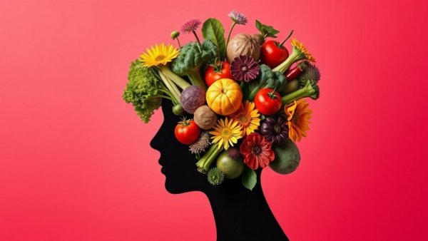 Artistic head silhouette with vibrant vegetables and flowers, longevity habits for women in their 30s.
