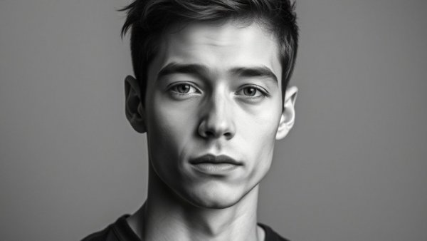 Monochrome portrait of young man with neutral expression.