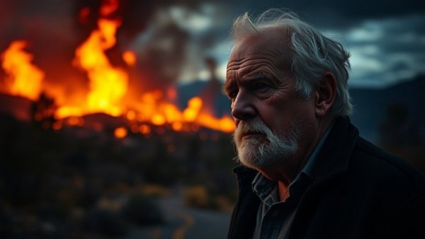 National news highlights contrasting image of a man and wildfire blaze.