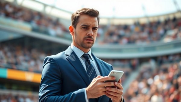 Man in blue suit with phone at stadium, dynamic scene, Ian Cunningham Falcons GM.