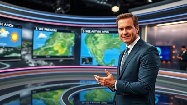 Meteorologist delivering weather report amid gusty winds and chilly weather displays.