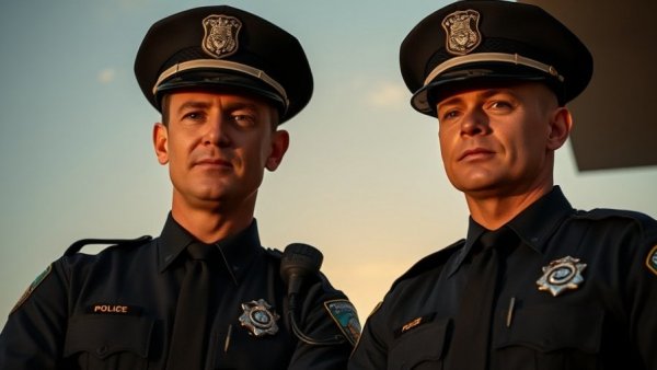 Kendall County police officers in uniform with sunset glow.