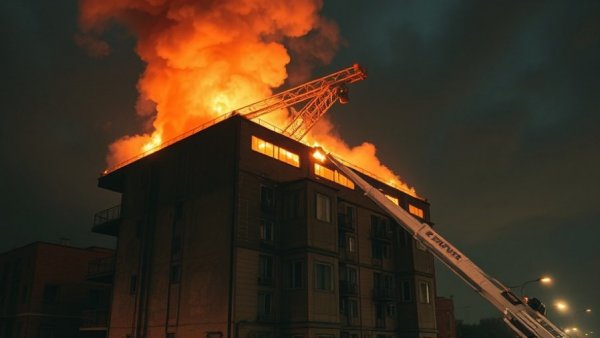 Firefighting at abandoned apartment complex in Austin with smoke and crane.