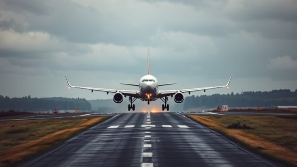 Commercial airplane landing at Bush Airport, viewed through radar fencing.
