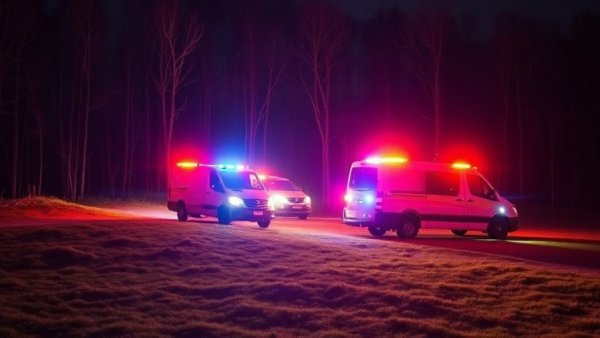 Emergency vehicles at night scene, body found in waterway.