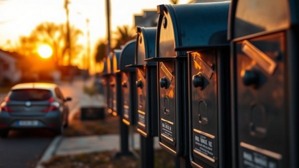 Metal mailboxes with open doors on a suburban street, highlighting mail theft risk in Sugar Land.
