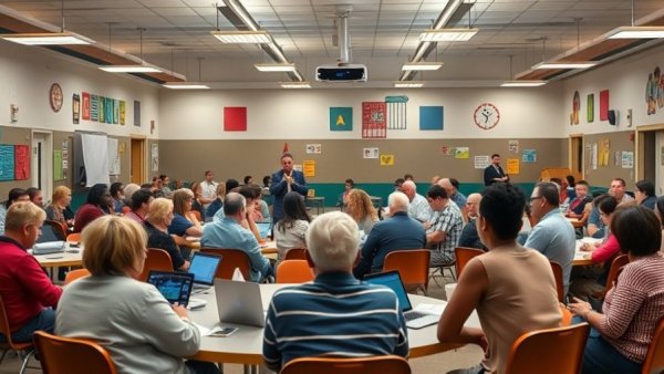 Community meeting in Aldine ISD cafeteria discussing school closure.