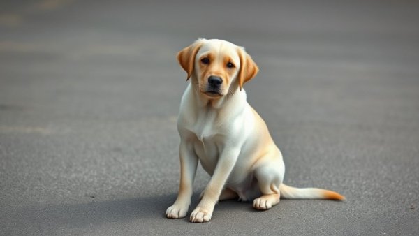 Young Labrador Retriever sitting on pavement in backyard.