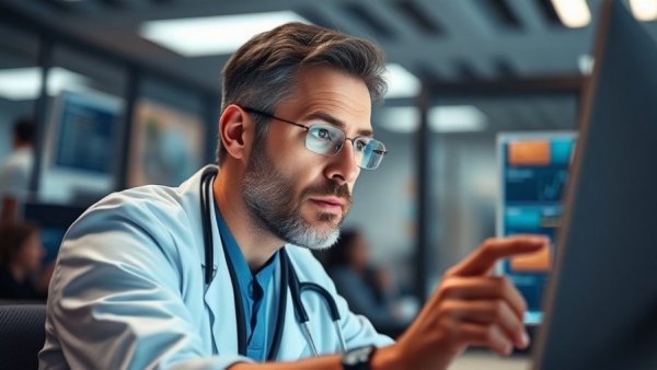 Focused healthcare worker reviewing data in a modern office.