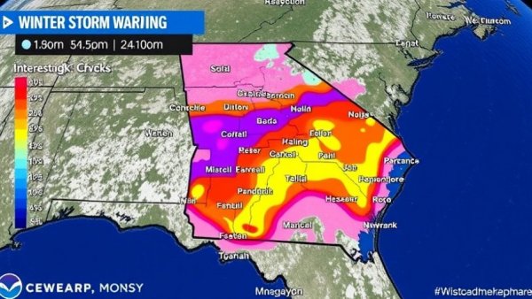 Georgia map showing winter storm warning with color codes.
