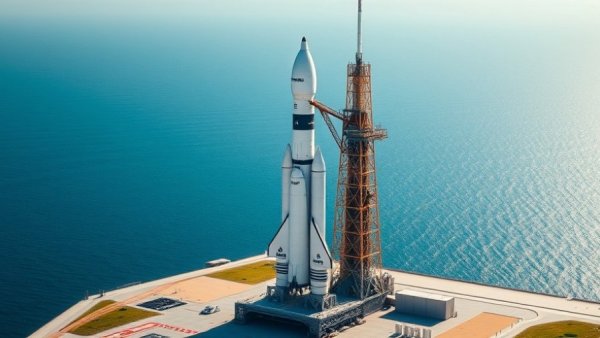 NASA Artemis moon mission rocket on launch pad by ocean.