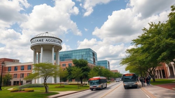 Texas A&M campus view with iconic water tower under cloudy sky.