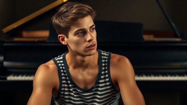 Young man seated in studio with piano, thoughtful pose.