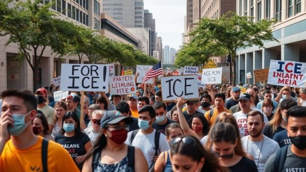 San Antonio protest against ICE with diverse crowd and signs.