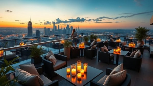 Romantic rooftop restaurant in San Antonio with city view.
