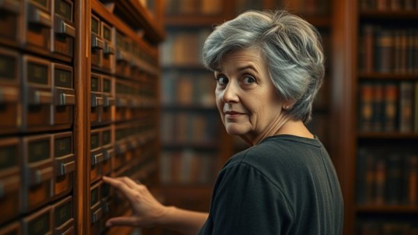 Woman interacting with card catalog in Jodie Foster A Private Life style.
