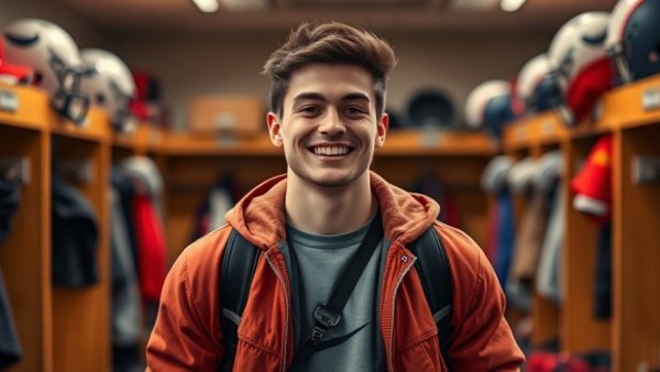 Young man smiling in football locker room, reflecting NFL strategies.