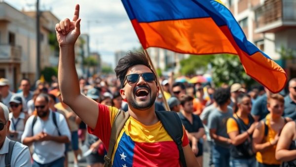 Venezuelan protestor celebrating during a parade with flag waving joyfully, related to Venezuela releases American detainees.