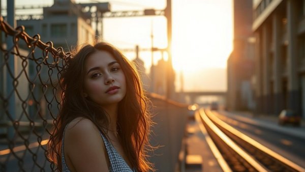 Annabelle Chairlegs waking up, woman leaning on fence in sunlit urban scene.