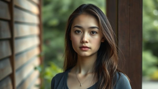 Portrait of a young woman by a wooden wall outdoors