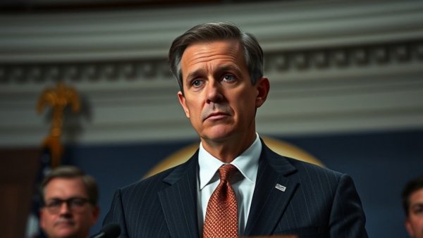 Serious man at press conference with government building backdrop.