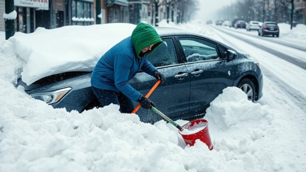 Snow shoveling during a brutal cold temperatures winter storm.