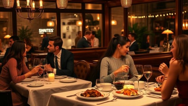 Couples dining in romantic restaurants in Galveston, elegant ambiance.