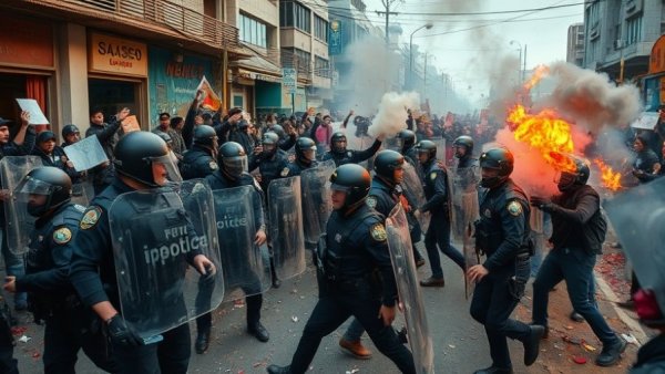 LAPD officers in riot gear confront agitators during a protest.