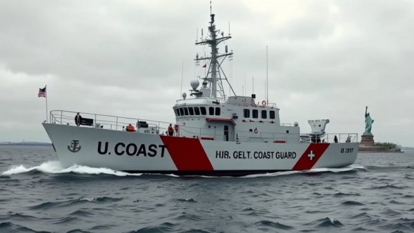 U.S. Coast Guard ship patrols with serious man; National Security Sea Piracy context.