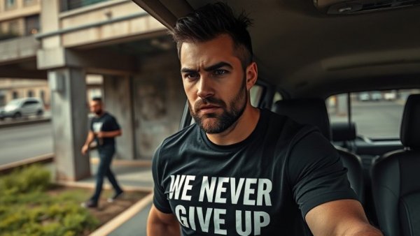 Austin TX local news footage, man in "WE NEVER GIVE UP" t-shirt.