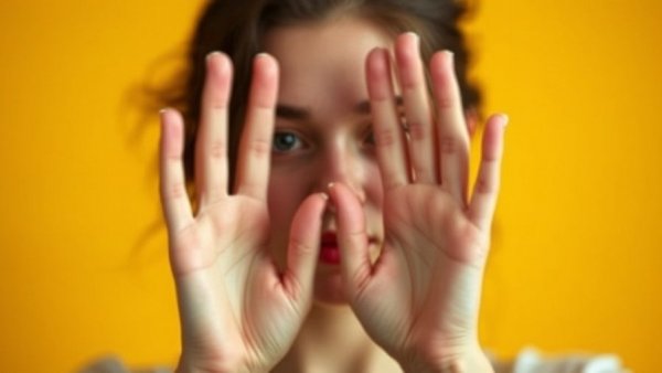 Blurry image of a woman covering her face, abstract lighting.