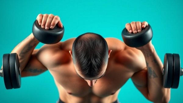 Tattooed person in vibrant shorts doing upper-body dumbbell workout.