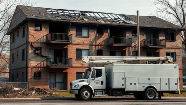 Fire damage at an apartment complex with community support truck in Bee Cave.