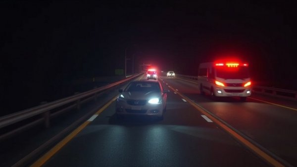 Scene of devastating night crash, emergency response visible, dark highway.