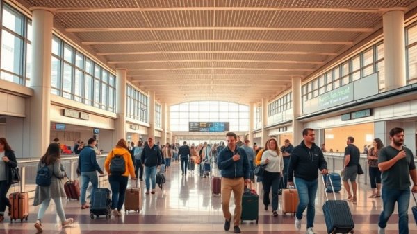 Passengers at airport terminal navigating Real ID deadline fee process.