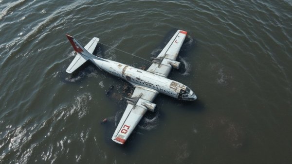 Galveston Bay plane crash wreckage submerged in water, aerial view.