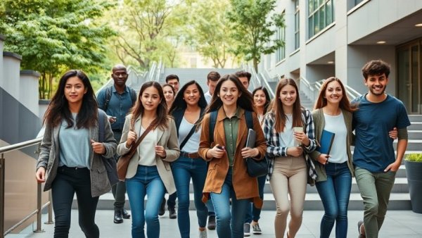 University students exiting building in Texas, relevant to H-1B visa applications.