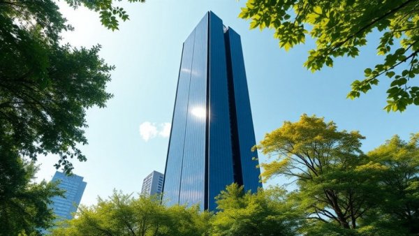 Modern Dallas commercial real estate building with trees, clear sky