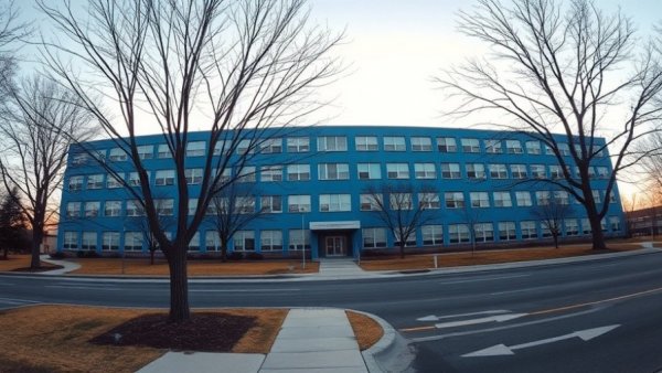 Brooklyn school building with trees and sidewalk at sunset.