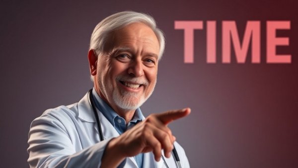 Smiling elderly doctor highlights 1-minute balance exercise benefit.