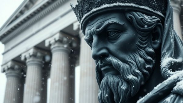 Winter Storm Gianna during snowfall over historical statue.