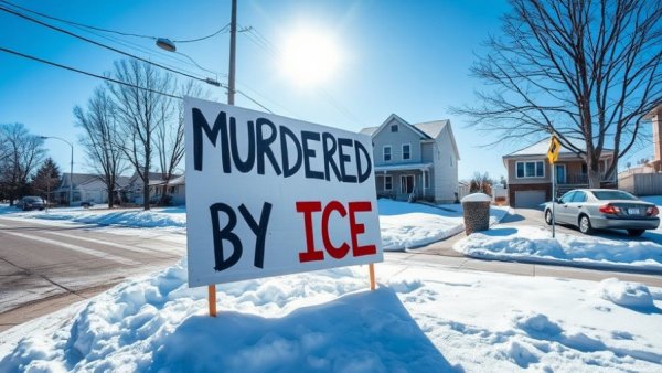 Protest sign 'Murdered by ICE' on a snowy street in USA.