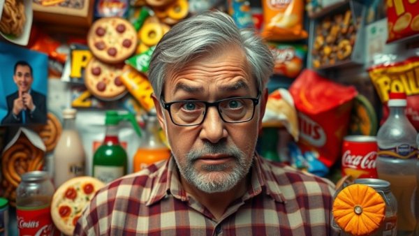 Overwhelmed man surrounded by vibrant junk food assortment.