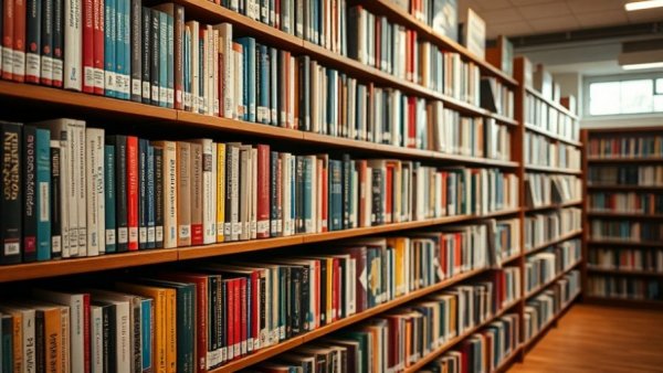 Library bookshelf showcasing diverse book collection relevant to K-12 curriculum.