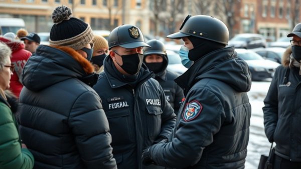 Operation Metro Surge Minnesota: federal officer and bystanders in snowy urban scene.