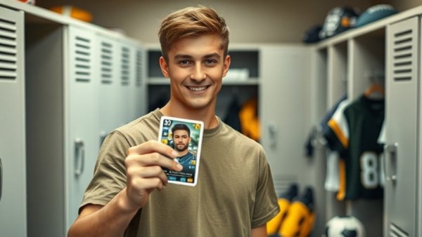 Dallas Cowboys Three-Time Pro Bowler showcasing a trading card in a locker room.
